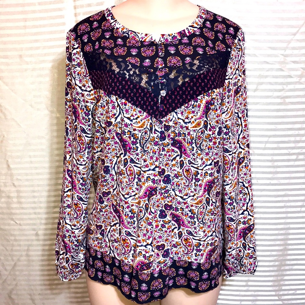 DR2 Boho Paisley Lace Yoke Peasant Blouse Medium Rayon Tunic Top